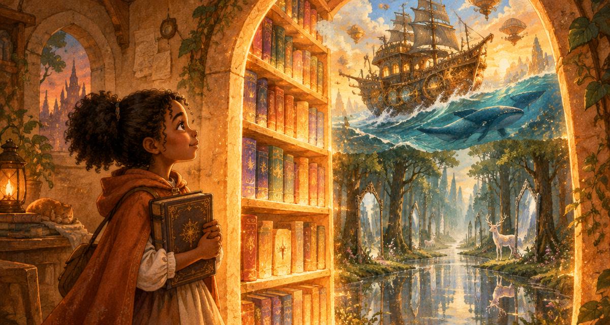 A girl holding a finished book looks through a glowing doorway at a shelf of new magical worlds