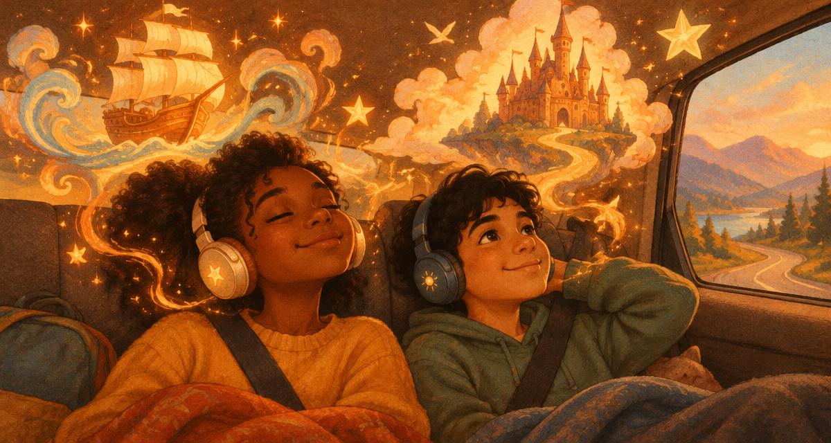 Two kids in headphones on a road trip as a ship and castle drift out of the story they're hearing