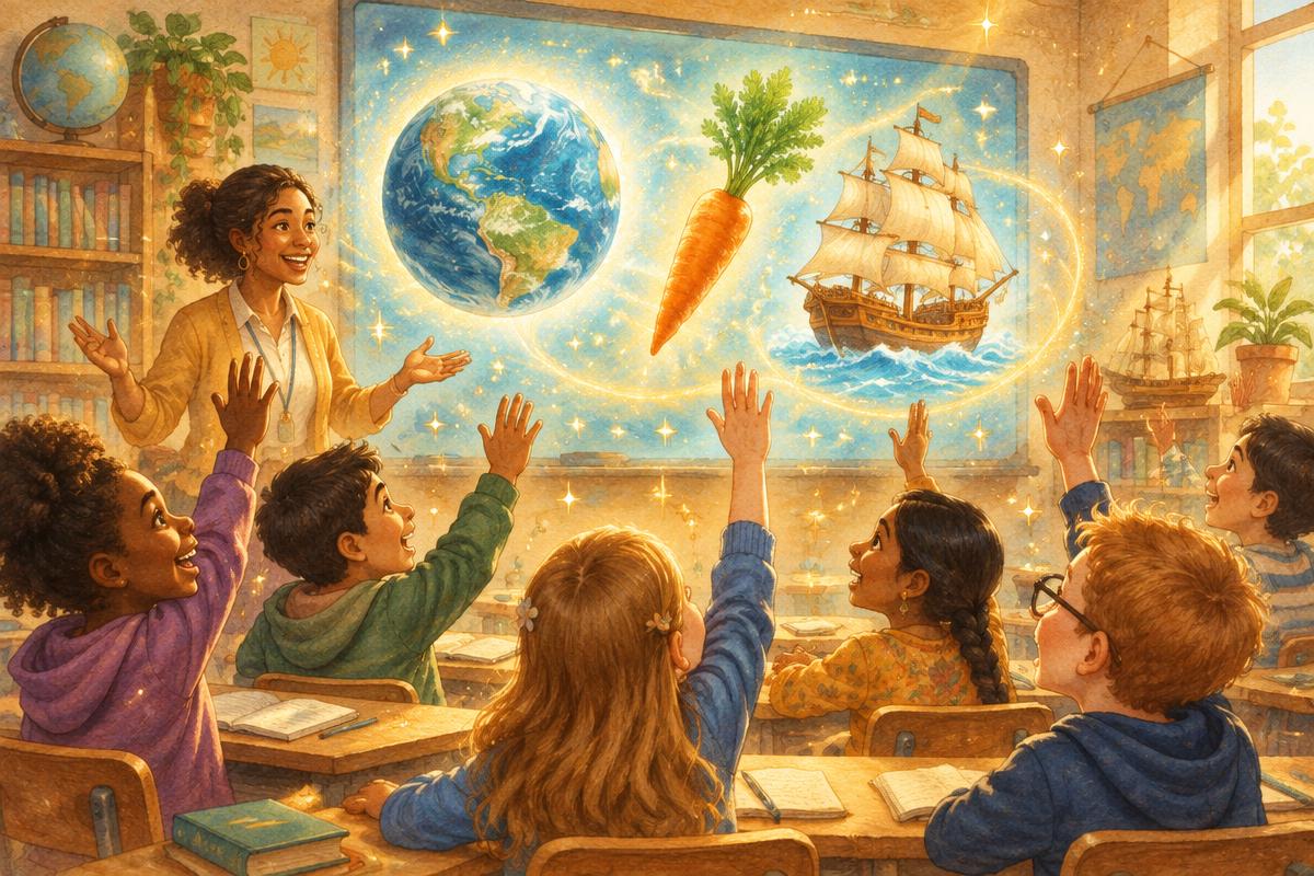 A diverse classroom of kids raising their hands excitedly during a trivia game
