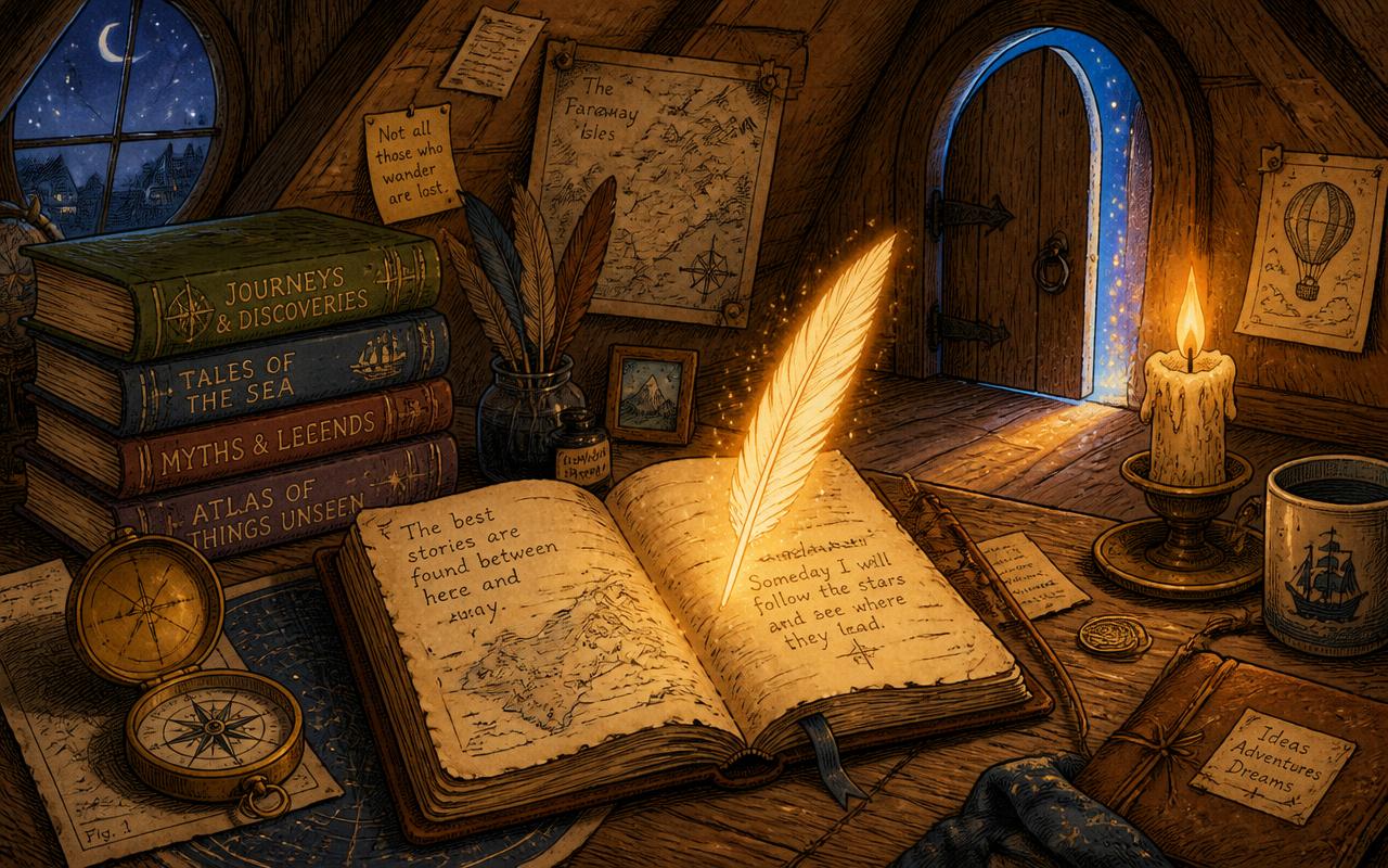 An attic writing desk with an open journal, glowing quill, and a door ajar spilling starlight