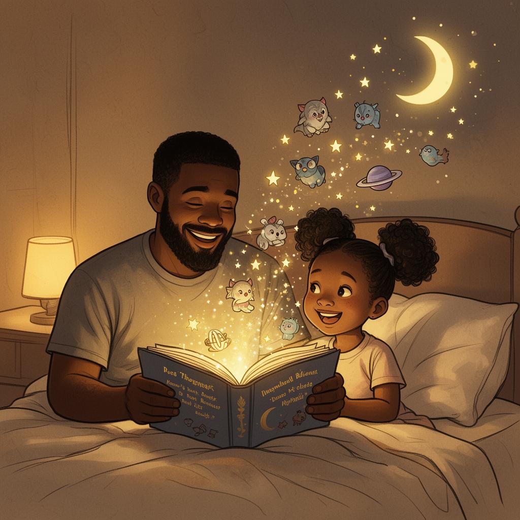 A Black father reading a glowing magical storybook to his daughter at bedtime