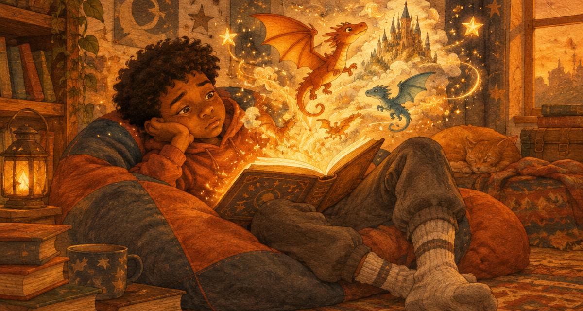 A bored boy on a beanbag being drawn into a glowing book as dragons and stars rise from its pages