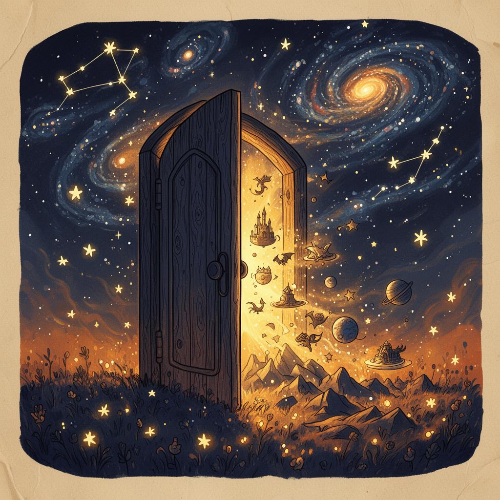 A magical wooden doorway opening into a swirl of stars and worlds