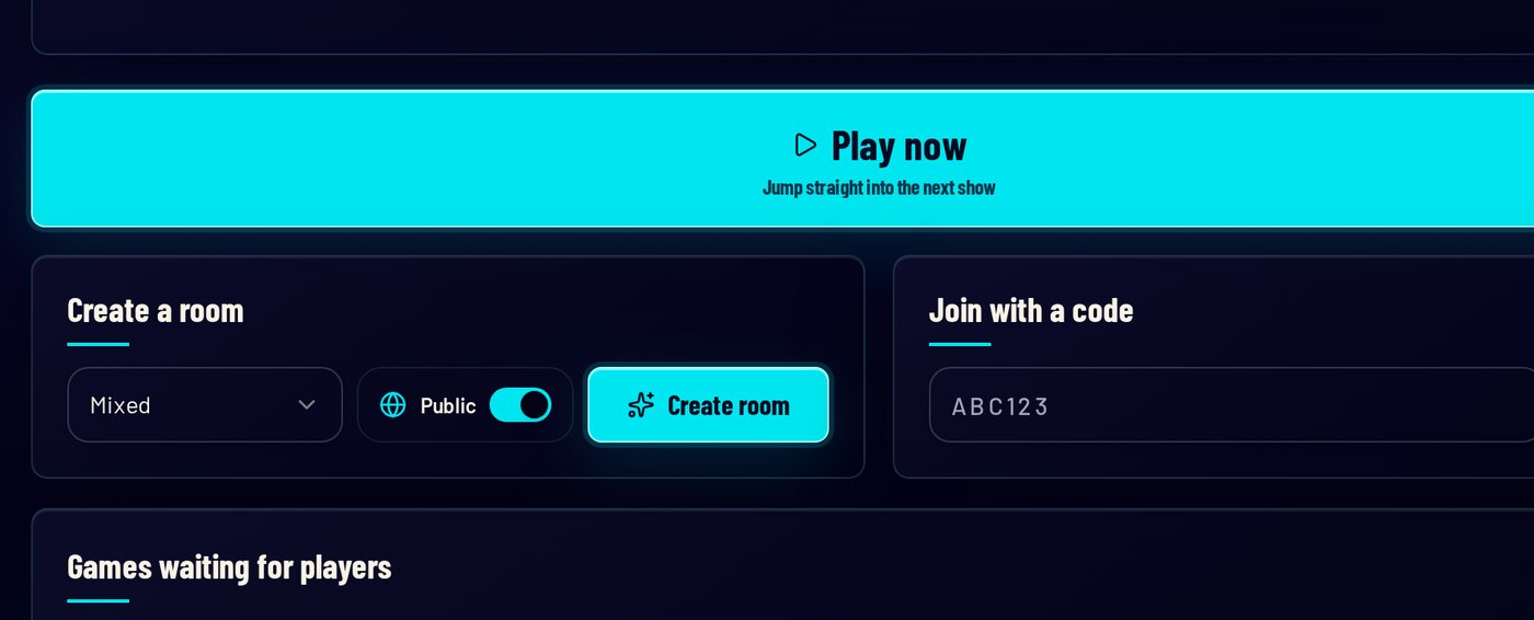 Things That Happen lobby with Play now, Create a room and Join with a code