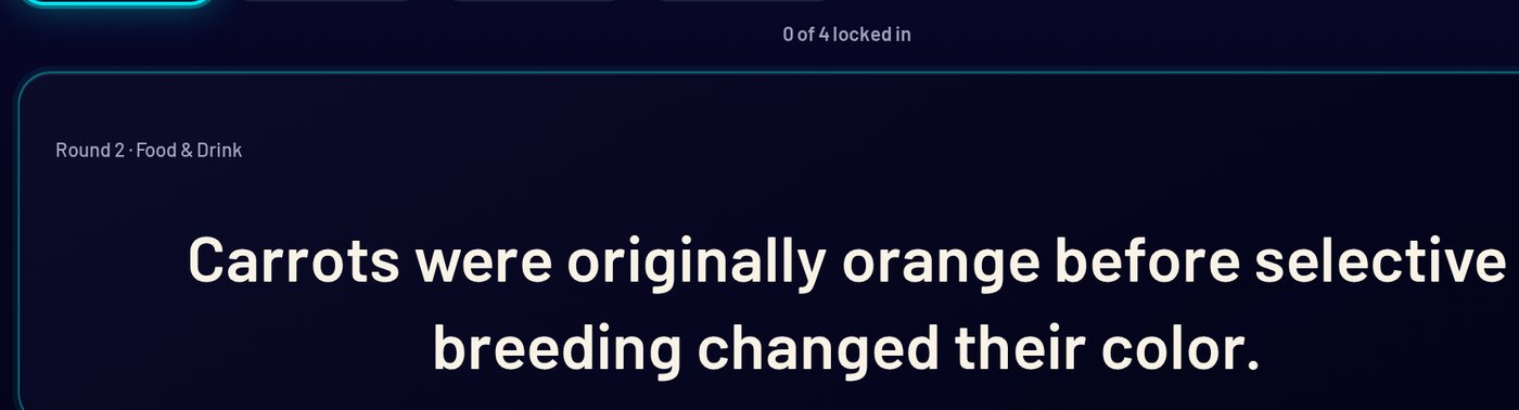 Things That Happen gameplay: the host reads 'Carrots were originally orange before selective breeding changed their color.'