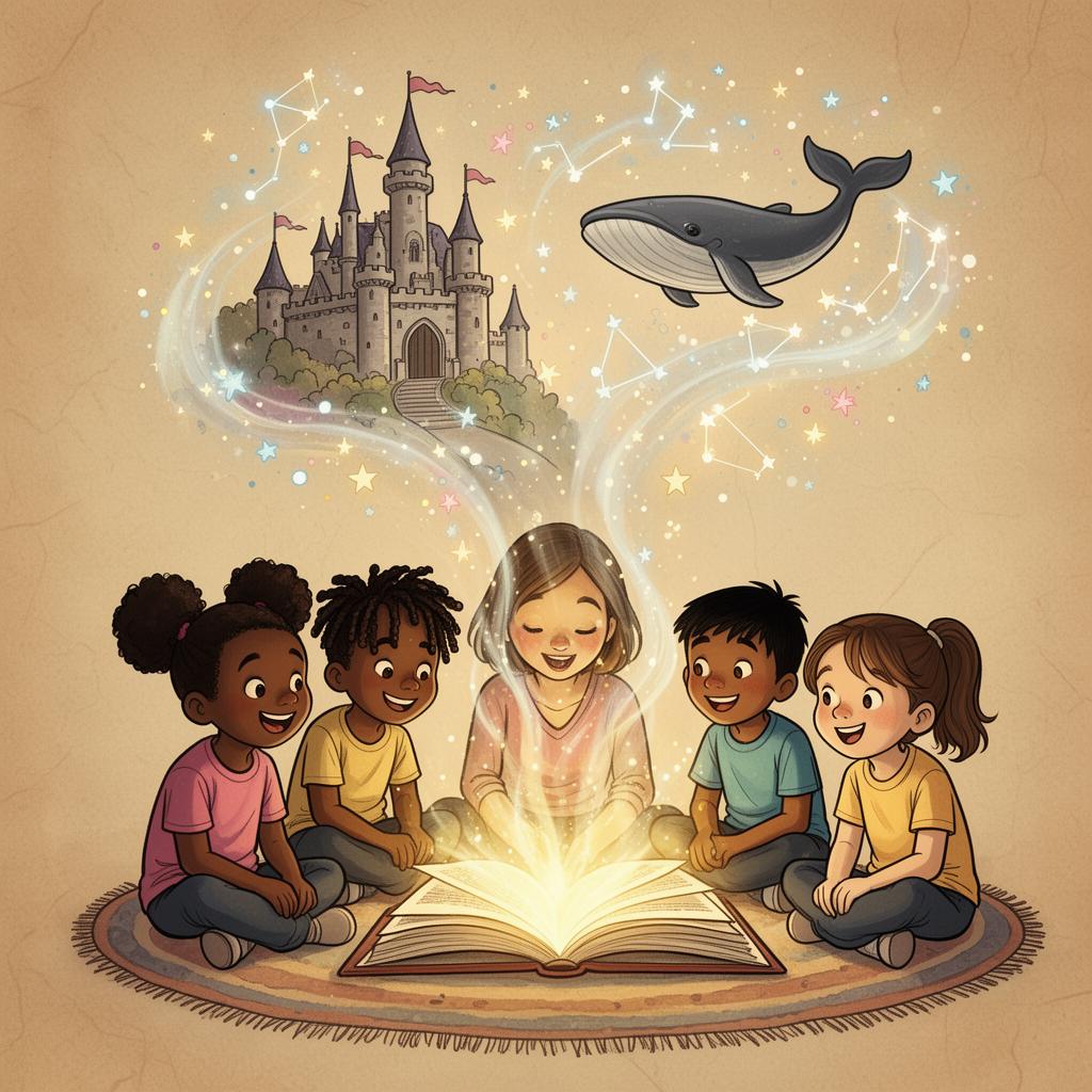 A diverse classroom of children listening to a teacher reading a magical glowing book